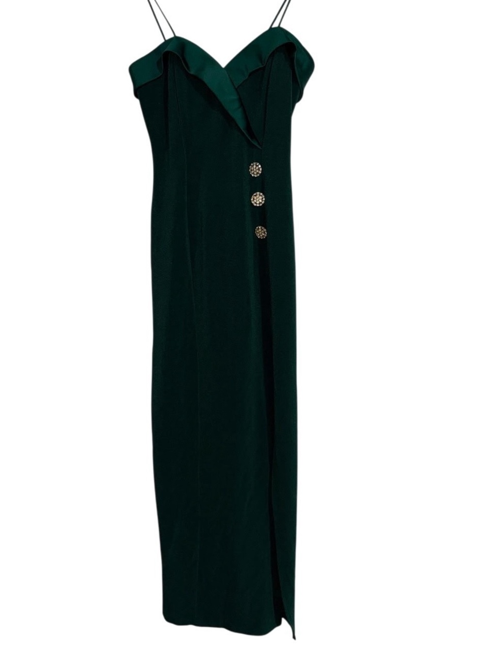 Vintage 90s Betsy & Adam Green Satin Tuxedo Lapel Maxi Dress Slit Rhinestone‎